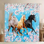 Feelyou Girls Horse Curtains Pink Cherry Blossom Window Drapes for Glitter Print (No Glitter) Blue Farm Horse Window Curtain Floral Galloping Horses Window Treatments (2 Panels? 42 x 63 Inch)