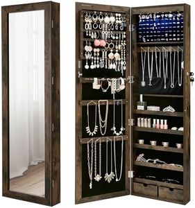 SONGMICS 6 LEDs Mirror Jewelry Cabinet, 47.2-Inch Tall Lockable Wall or Door Mounted Jewelry Armoire Organizer with Mirror, 2 Drawers, 3.9 x 14.6 x 47.2 Inches, Rustic Brown UJJC93CB
