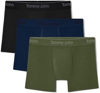 Tommy John Men's Luxe Rib 4" Trunk Underwear, 3-Pack, Black/Dress Blues/Chive, Large