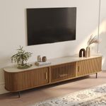 POVISON Fully-Assembled Sliding Tambour Door TV Stand, Mid Century Modern Sintered Stone TV Console, Wood Media Console for 85 Inch TV, Entertainment Center with Storage Cabinet(Walnut, 94.49")