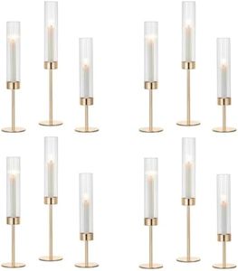 Hewory Gold Hurricane Candle Holders: 12 PCS Tall Taper Candlestick Candle Holders Bulk for Candlesticks Candle Sticks Holder Decor for Table Centerpiece Wedding Party Christmas Decorations