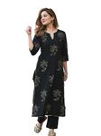 Arayna Women's Rayon Gold Printed Black Kurta Set with Ethnic Palazzo Pants, Small