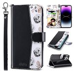 ULAK Compatible with iPhone 14 Pro Wallet Case with Card Holder, Flip iPhone 14 Pro Case for Women Girls Flower PU Leather Kickstand Wristlet Shockproof Phone Case for iPhone 14 Pro 6.1'', Black