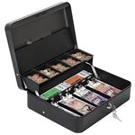 HAITRAL Metal Cash Box with Key Lock, Note and Coin Safe Box, Portable Large Double Layer Cash Box with Fixed Coin Tray and 2 Keys, Money Tin 11.8 X 9.4 X 3.5 Inch, Black