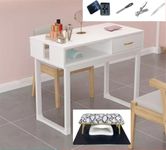 Manicure Table Sets of 6, Nail Desk with Drawers, Wooden Nail Salon Desk with Nail Arm Rest & Nail Trimming Kit, Simple Two Layers Table for 1-2 People (Color : White with Drawers, Size : 31.5in)