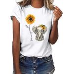 Lazzboy Women T-Shirt Top Plus Size Many Stylish Sunflower Print Short Sleeve Summer Fashion Ladies Blouse(XL(14),White-Elephant)