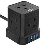 Cube Extension Lead with USB Slots, 5 Way Plug Extension with 4 USB(3.1A), KEPLUG Black Multi Plug Power Strip 2m Extension Cable,3250W/13A UK Power Socket Extension Cord for Desk Home Office Travel