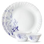 Larah by Borosil Blue Eve Silk Series Opalware Dinner Set | 6 Pieces for Family of 2 | Microwave & Dishwasher Safe | Bone-Ash Free | Crockery Set for Dining & Gifting | Plates & Bowls | White