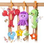 TUMAMA Kids Baby Hanging Stroller and Car Seat Toys, Soft Marine Animal Plush Infant Rattles with Wind Chimes, Crinkle Sensory Learning Toy for Newborns 0 Month and up