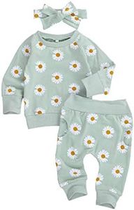 3Pcs Baby Girl Outfits Daisy Sweatshirt + Pants + Headband Infant Fall Winter Clothes Green 6-12 Months