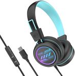 MEE audio KidJamz KJ55 Safe Listening USB-C Headphones for Children with Multicolor LED Lights, Volume Limiter, & Microphone; On-Ear Wired Kid Headset for iPhone 15, iPad, & USB Type C Devices (Black)