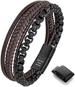 murtoo Mens Bracelet Leather and Steel, Stainless Steel Chain and Leather Bracelets for Men (Brown Leather&Black Chain, 8.66")