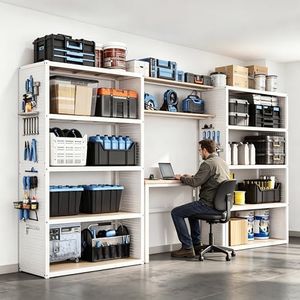 FLEXIMOUNTS Garage Storage System with Workbench & Pegboard, 142" Modular Garage Organization System, Steel Garage Shelving with Wood Shelves & Tool Organizer for Garage, White FLEXIMOD Series