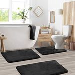 Clara Clark 3-Pack Bath Mat Set - Large, Small and Contour Bathroom Rug Set, Absorbent Memory Foam Bath Rugs, Non-Slip, Thick, Velvet Microfiber Bathrug, Plush Shower, Toilet Bathmats Carpet, Black