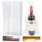 100pcs Clear Wine Bottle Gift Bags with Bonus 200 Pieces Gold Silver Twists, 8 x 16 Inch Many Cellophane Bags Clear Plastic Gift Wine Bag Wrap for Wrapping Gifts Present Candy Holiday Party Favors.