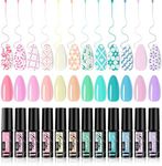 Kredioo Gel Nail Polish Liner Art Kit-12 Colors Pastel Nails Paint Polishes Soft Pink Baby Blue Easter Egg Bunny Design, UV Lamp Needed Soak-off Gel Pen with Thin Brush for Home Manicure Salon Quality