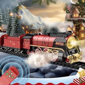 Electric Train Set for Kids with Remote Control, Classic Steam Locomotive with Carriage,Smoke, Lights & Sounds,Vintage Christmas Electric Train Set,Kids Christmas Trains Tracks Toys