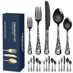 XIAOYU 20-Piece Bizarre Flatware Set, Gothic Skull Silverware Set for 4, Skeleton Flower Unique Pattern Design, Knives/Forks/Spoons Cutlery Set Halloween Event Tableware Utensils, Black