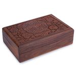 Ajuny Hand Carved Wooden Decorative Treasure Chest Box - Multipurpose Use Jewelry Storage Case Organizer Keepsake Watch Box Great for Gifts - Brown, 8X5 Inch