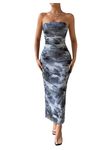 Milumia Women's Printed Strapless Tube Top Long Dress Slit Hem Sleeveless Bodycon Maxi Dresses, Grey, Large