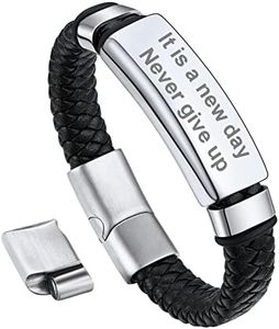 Bandmax Men Custom Black ID Bar Bracelet for Men Leather Braided Wristband Wax Rope Bracelet with Personalized Name Date Bar Custom Gift for Father Husband -Adjustable