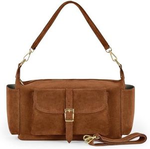Italian Genuine Suede Shoulder Bag for Women with Outside Pockets & Dual Straps | Medium Rectangular Everyday Purse (Brown)