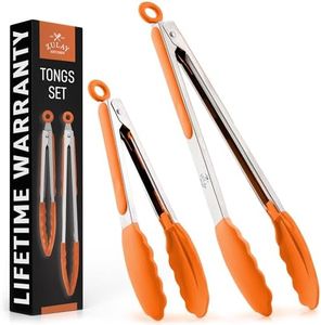 Zulay Stainless Steel Kitchen Tongs with Silicone Tips - Set of 2 (9” & 12”) Locking Cooking Tongs with Non-Slip Grip - Heat Resistant, BBQ Food Tongs for Non-Stick Cooking Pans (Silver/Orange)