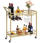 HOOBRO Drinks Trolley Gold, Bar Cart, Bar Trolley, Kitchen Trolley on Wheels, Serving Trolley with Glass Shelf, Wine Rack and Glass Holder, Home Bar Serving Cart for Dining Room, Party, Gold EGD11TC01