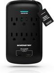 Monster 6 Outlet Wall Plug Surge Protector, 1200 Joules, Wall-Mounted Outlet Extender with 1 USB-A & 1 USB-C Charging Ports, Fireproof MOV, ETL Listed, Dual Mode Wall Tap, Black