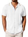 COOFANDY Mens Casual Button Down Shirt Short Sleeve Vintage Knit Polo Shirts Beach Vacation White