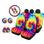 Biyejit Rainbow Tie Dye Car Interior Seat Cover Full Set Front and Rear Bench Bucket Seat Cover Protector with Auto Seat Belt Cover+Keychains+Automotive Cup Holders+ Steering Wheel Cover