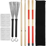 Eison Drum Sticks Set,5A Wood Drum Sticks,Drum Rods Brushes,Retractable Drum Wire Brushes,12PCS Drum Dampeners with Portable Bag,Drumsticks Gift Sets for Beginners Drummer Practice