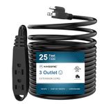 25-Feet 3 Outlet Extension Cord, Kasonic UL Listed, 16/3 SJTW 3-Wire Grounded, 13 Amp 125 V 1625 Watts, Multi-Outlet Indoor/Outdoor Use, Black