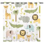 YUANZU Safari Animal Curtains - Kids Hippo Crocodile Lion Elephant Giraffe Woodland Zoo Family Pattern Eyelet Blackout Room Darkening Window Drapes for Boys Girls Bedroom 2 Panels W117cm x D137cm