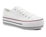IMTY Womens Platform Canvas Trainers Lace Up Chunky Sole Baseball Sneakers Ladies Flat Low Top Fashion Trainer Pumps (White, UK Footwear Size System, Adult, Women, Numeric, Medium, 6)