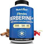 Nutrivein Premium Berberine HCL 1200mg Plus Organic Ceylon Cinnamon - 120 Capsules - Supports Immune System, Weight Management - Berberine HCI Supplement