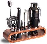 Mixology & Craft Bartender Kit: 10-Piece Black Bar Cocktail Shaker Set with Stylish Mahogany Stand | with Gun Metal Bar Tools and Martini Shaker