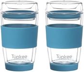 Tupkee Double Wall Glass Tumbler - 8-Ounce, All Glass Reusable Insulated Tea/Coffee Mug & Lid, Hand Blown Glass Travel Mug - Niagara - 2 Pack