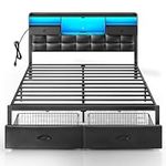 Rolanstar Bed Frame King Size with Drawers and Charging Station, Upholstered Platform Bed with Storage Headboard and LED Light, Heavy Duty Metal Frame Support, No Box Spring Needed, Noise Free, Black