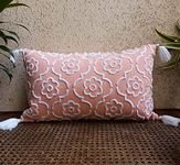 TRENDING HOME COLLECTION Cotton Fabric with Geometrical Chenille Manual Embroidery Zippered Lumbar Tassel Cushion Cover | 12 X 20 Inches | Set of 2| (Baby Pink/Peach)200TC