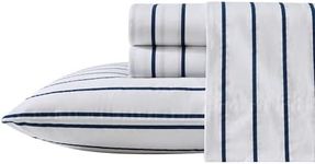 Nautica - Queen Sheet Set, Cotton Percale Bedding Set, Crisp & Cool, Lightweight & Breathable (Brenton Stripe Navy Blue, Queen)