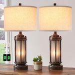 Set of 2 Farmhouse Lamps for Living Room, Rustic Vintage Bedroom Nightstand Table Lamp with 2 USB Charging Ports, Built-in Frosted Glass Night Light for End Table Entryway, 4 Bulbs Included (Bronze)