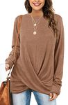 Aokosor Womens Long Sleeve Tops Ladies Loose Fit Jumpers Twist Front Sweatshirt Brown Size 18-20