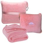 BlueHills Premium Soft Travel Blanket Pillow Airplane Blanket in Soft Bag case with Hand Luggage Belt and Carabiner Compact Pack Large Cozy Blanket for Plane Car Train Transit Light Pink T020