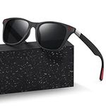 Sunglasses Mens Unisex Polarized Womens UV400 Protective Rectangular Sunglasses Black Anti-Glare Lenses Classic Ultra Light Square Driving Hiking Golf Fishing Sports Shades Black Red