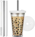 HAUNDRY Reusable Iced Coffee Cup (16 Oz/Grande), Leak Proof and Double Wall Insulated Bubble Tea Tumbler, Come with Reusable Plastic and Metal Straws and Straw Cleaner