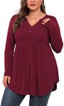 SHIJIALI Women's Plus Size Tops V Neck Henley Shirts Casual Long Sleeve Swing Flowy Blouse for Leggings Burgundy-Large