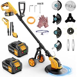 4-in-1 20000RPM Electric Weed Wacker Cordless,6000mAh Electric Weed Eater Battery Powered, Heavy Duty Brush Cutter Edger Lawn Tool/Weed Trimmer/Grass Trimmer W/Wheel Metal Blade, 2 Battery Yard Tool