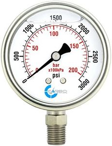 CARBO Instruments Stainless Steel Pressure Gauge Dual Display (0-3000 psi/kPa) - 2 1-2" Glycerine Liquid Filled Water Air Oil Gas Gauge with Polycarbonate Lens & Brass Connection -1/4" NPT Lower Mount