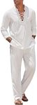 COOFANDY Men's 2 Piece Linen Set Long Sleeve Henley Shirts Casual Beach Pants With Pockets Summer Yoga Outfits, White, X-Large